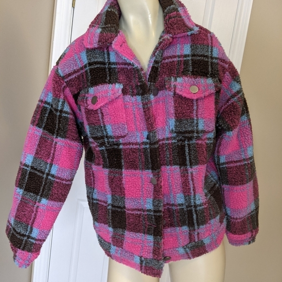 APPARIS teddy jacket short coat plaid pink blue - Picture 6 of 11